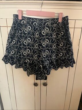 Mauve Navy Floral Embroidered Ruffle Hem Shorts